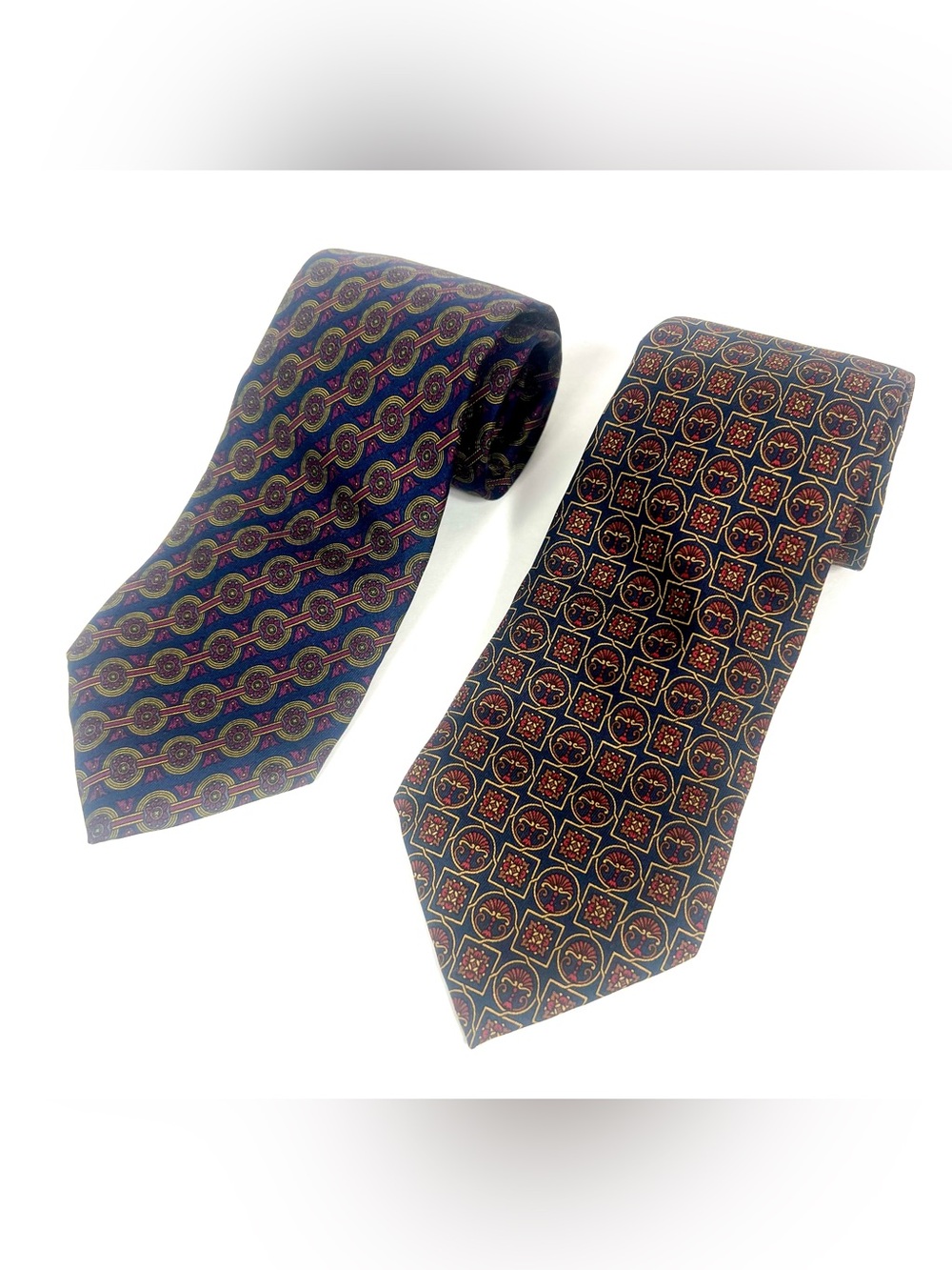 Salvatore Ferragamo Silk Tie in Navy, Gold Geometric Print Lot of 2